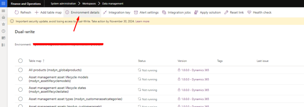 D365FO Dual-write environment details