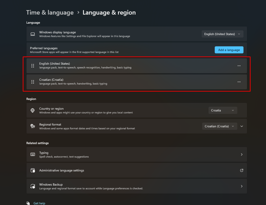 Windows 11 Language & region