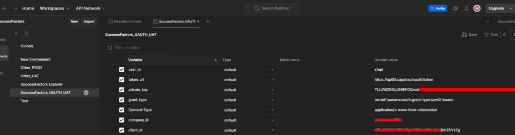 SuccessFactors Postman Variables