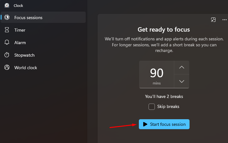 Windows 11 Start Focus Session